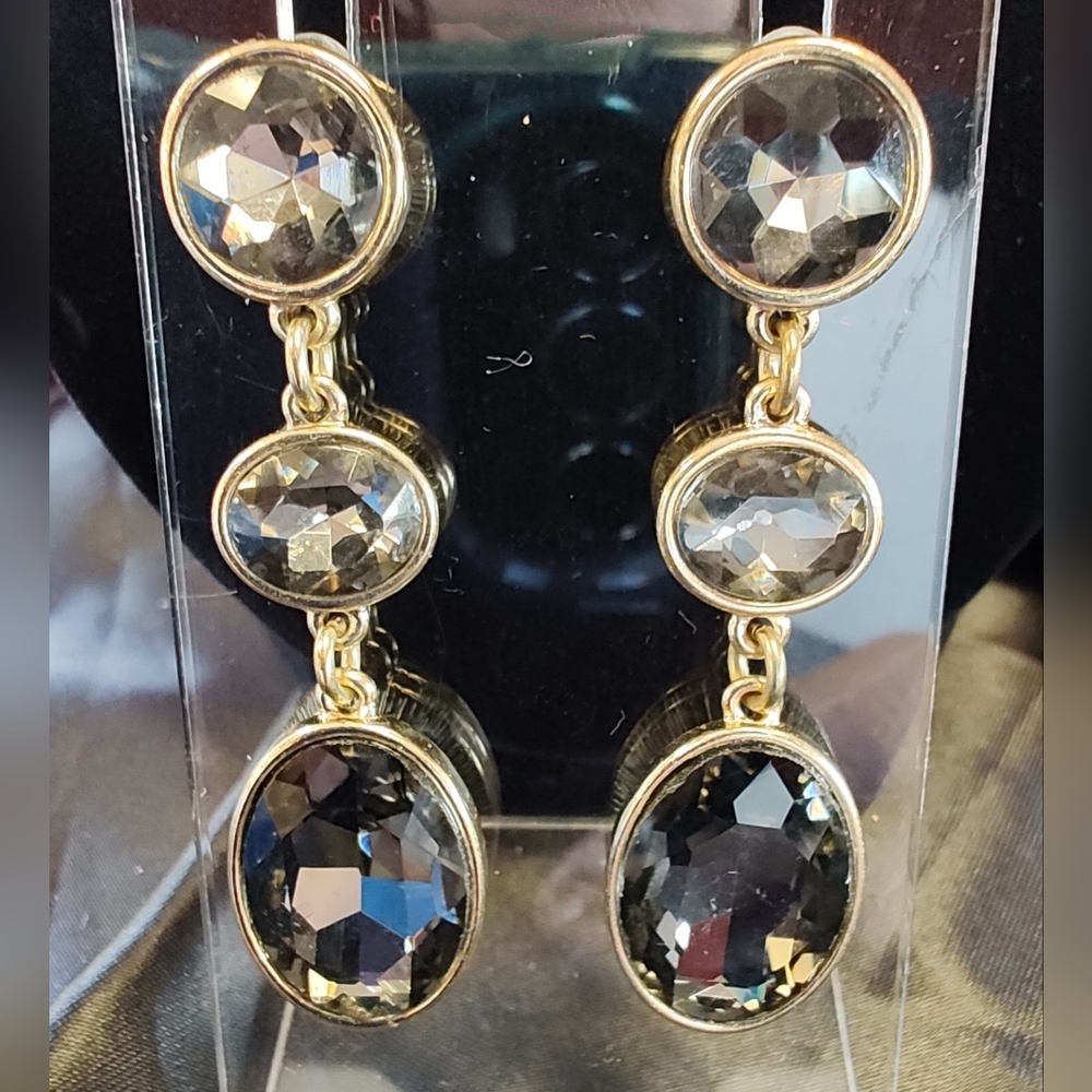 Gold Tone Smoky Crystal/Glass Faceted 2" Drop Dangling Earrings. Great Condtn!